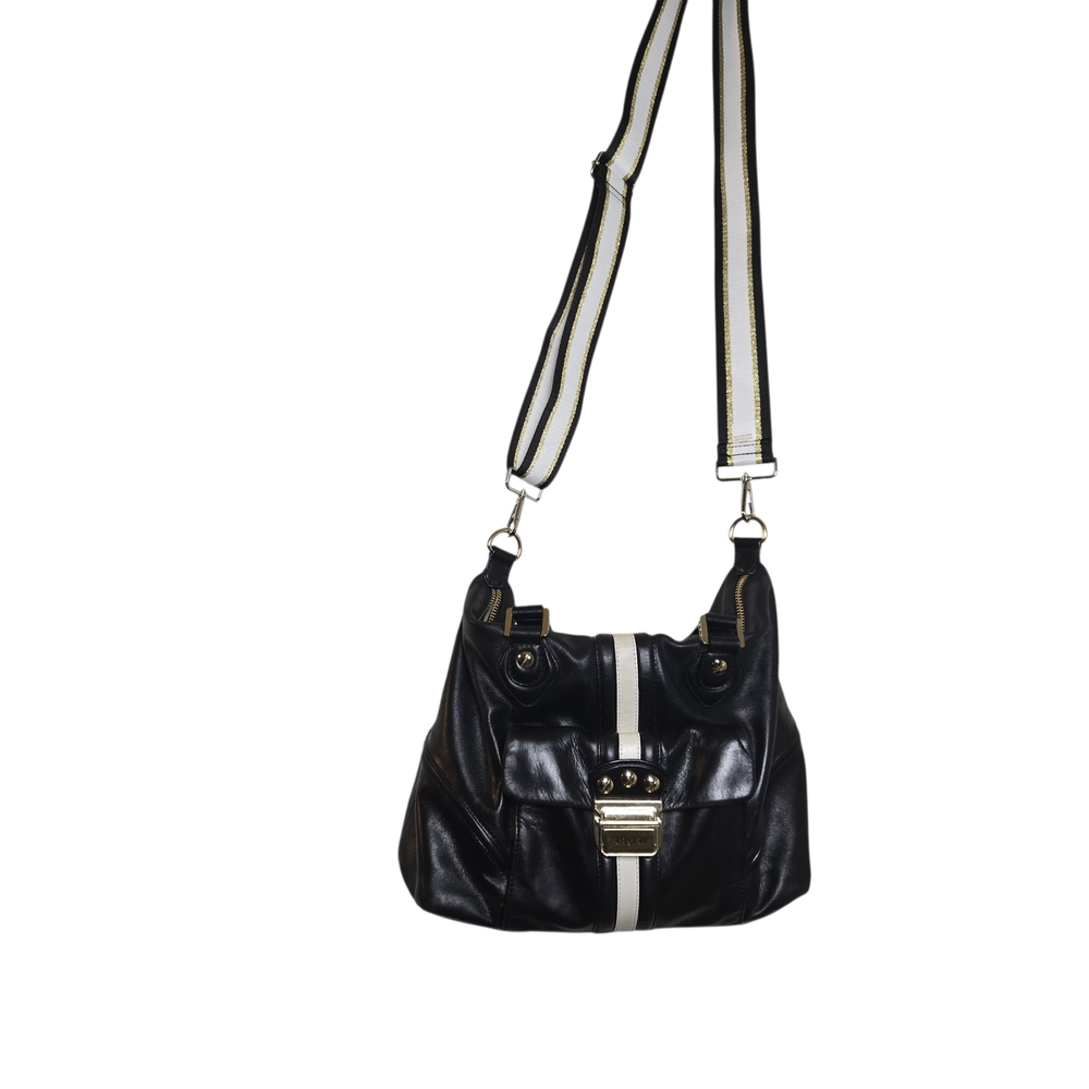 L.A.M.B. Black Leather Shoulder Bag with Black, Sparkling Gold,White Stripe